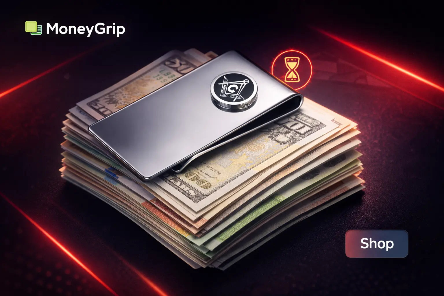 MoneyGrip Titanium Steel Money Clip – Slim Cash & Card Holder (Emblem Design) MoneyGrip