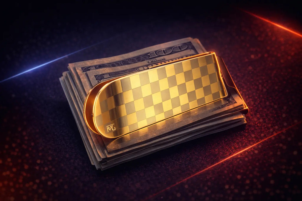 Gold Stainless Steel Money Clip – Luxury Slim Cash & Card Holder (Checkered Design) MoneyGrip