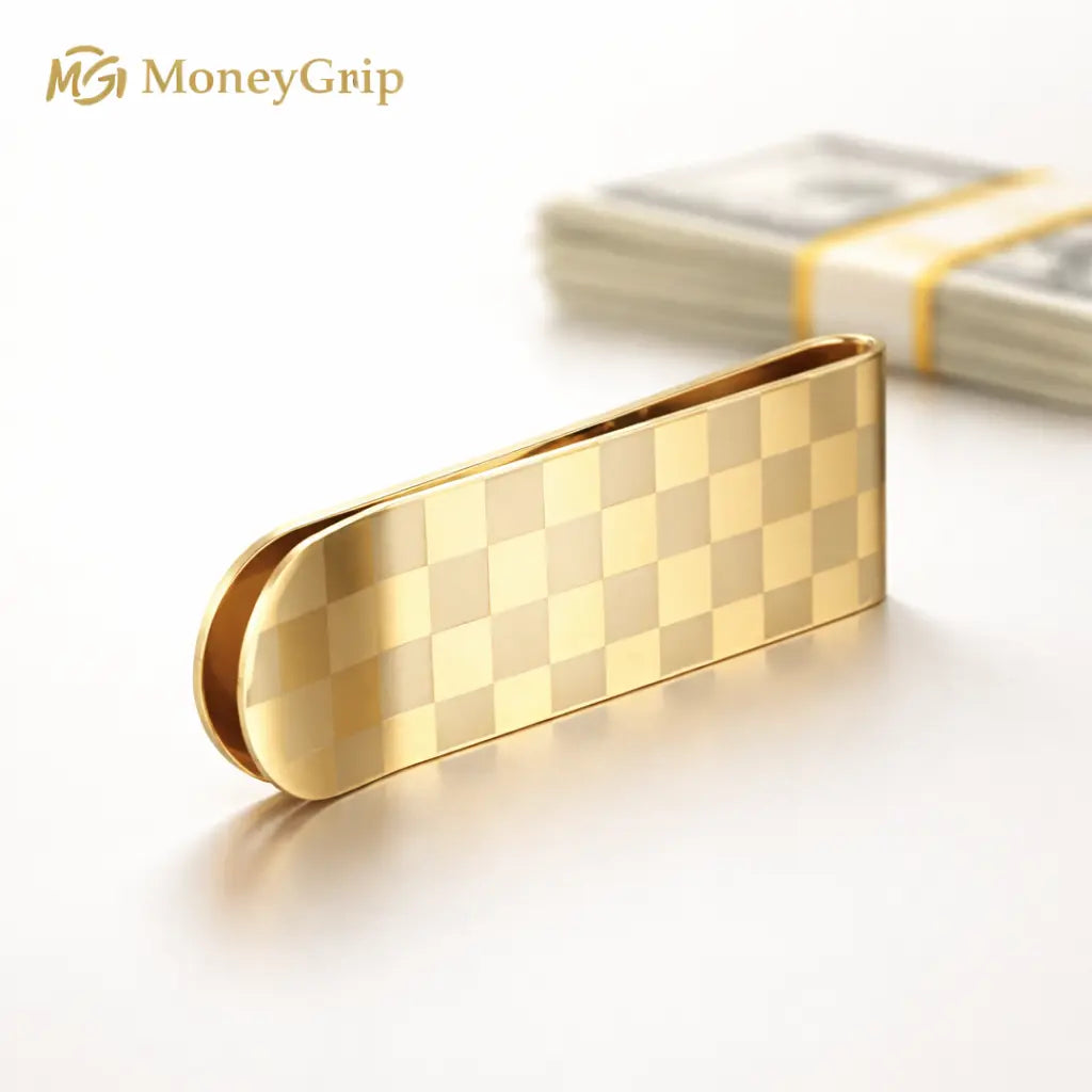 Gold Stainless Steel Money Clip – Luxury Slim Cash & Card Holder (Checkered Design) MoneyGrip