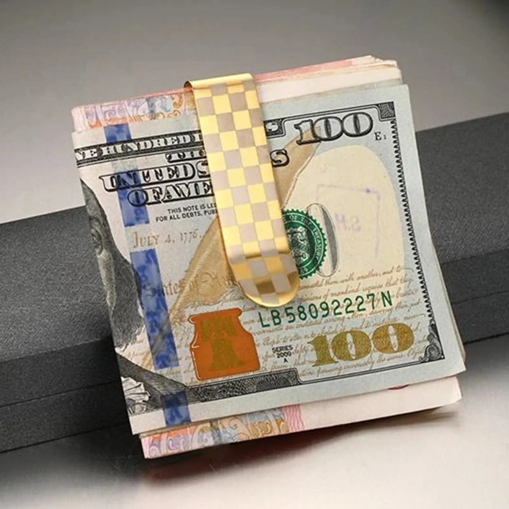 Gold Stainless Steel Money Clip – Luxury Slim Cash & Card Holder (Checkered Design) MoneyGrip