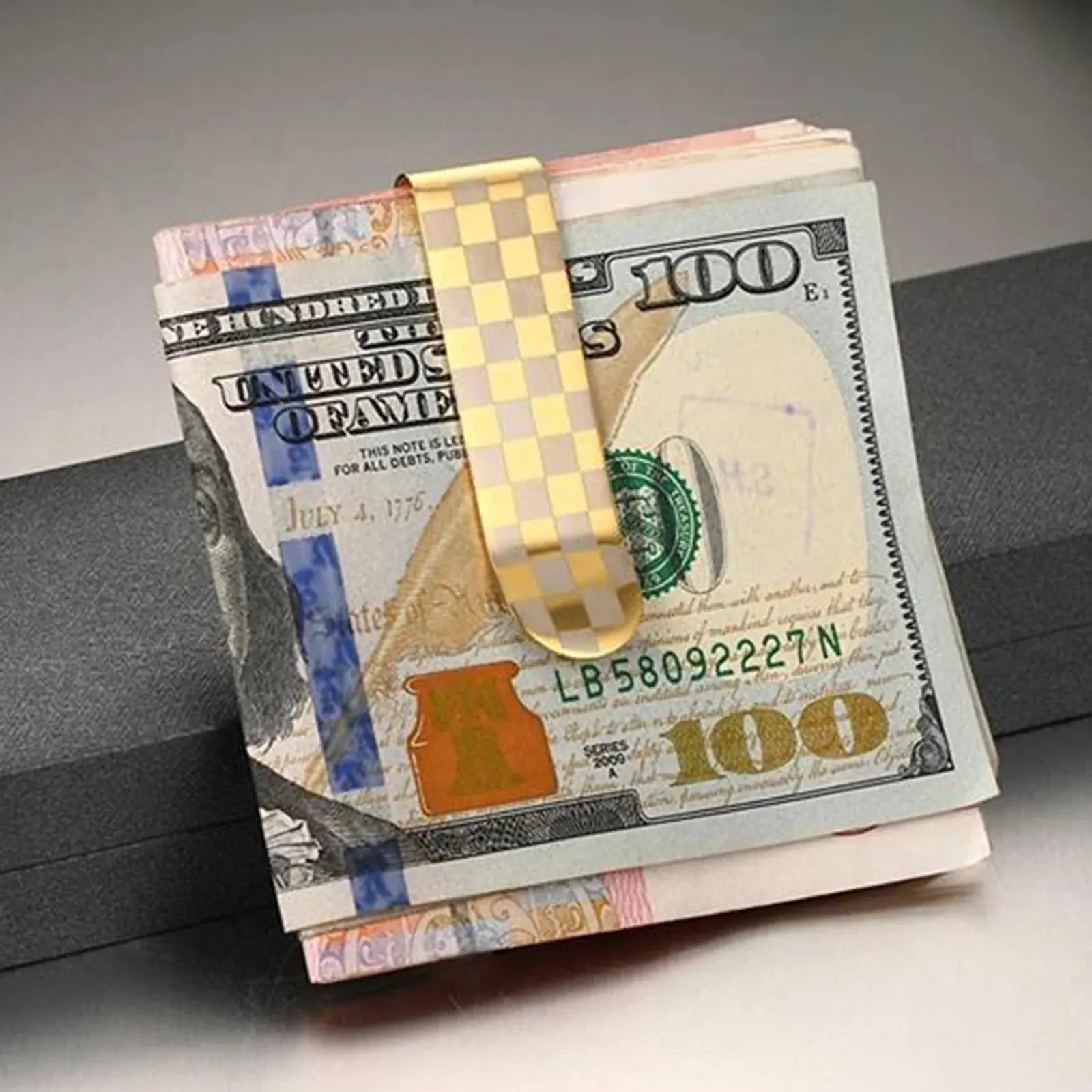 Gold Stainless Steel Money Clip – Luxury Slim Cash & Card Holder (Checkered Design) MoneyGrip