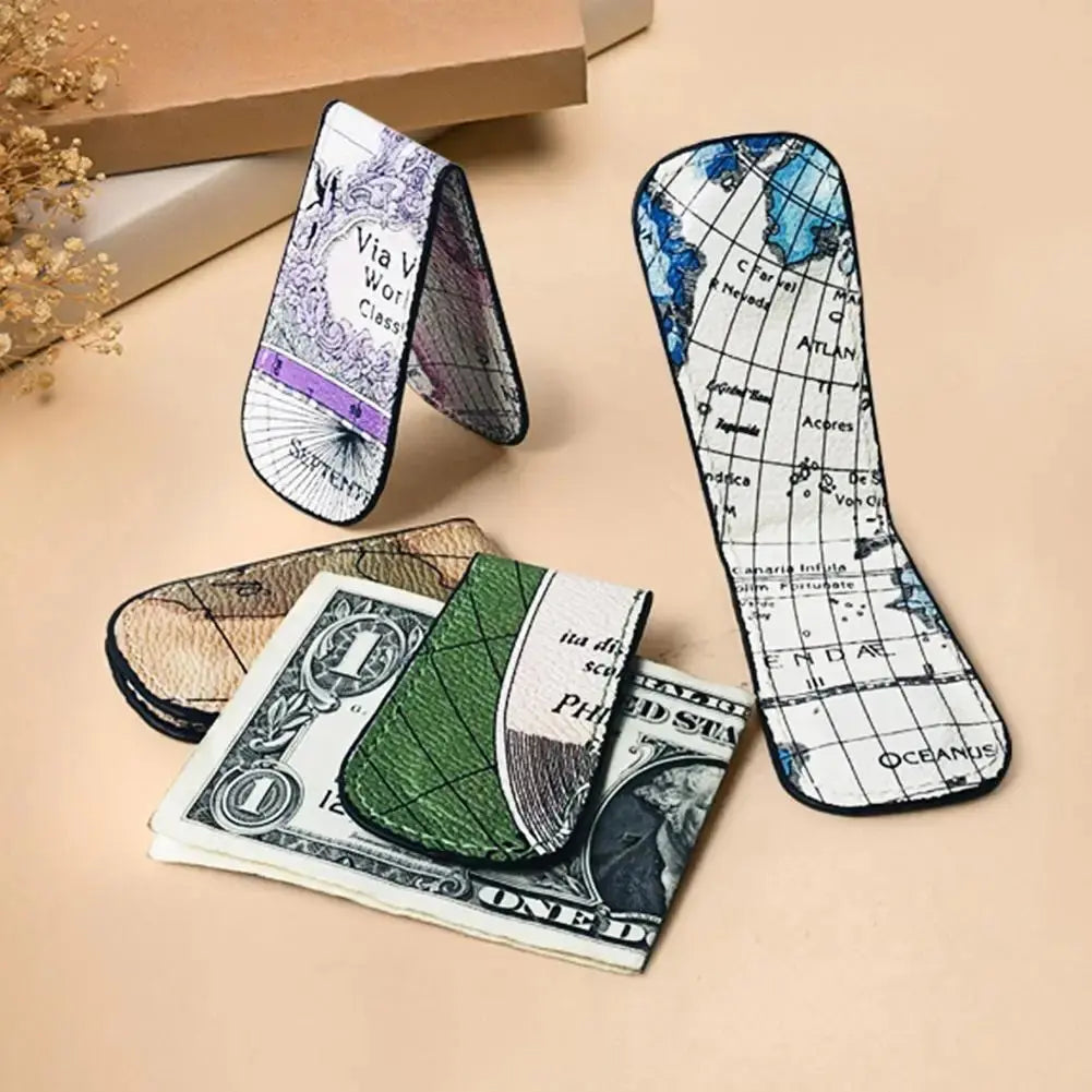 PU Leather Magnetic Money Clip Map Pattern Slim Cash Holder MoneyGrip