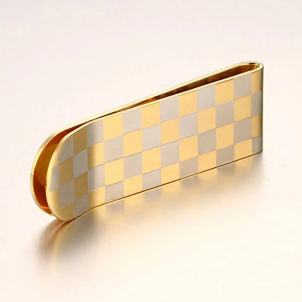Gold Stainless Steel Money Clip – Luxury Slim Cash & Card Holder (Checkered Design) MoneyGrip