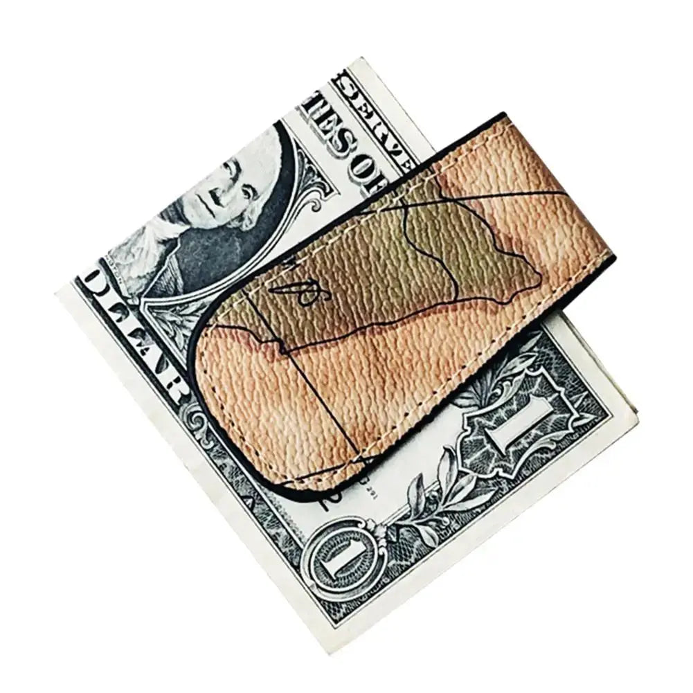 PU Leather Magnetic Money Clip Map Pattern Slim Cash Holder MoneyGrip