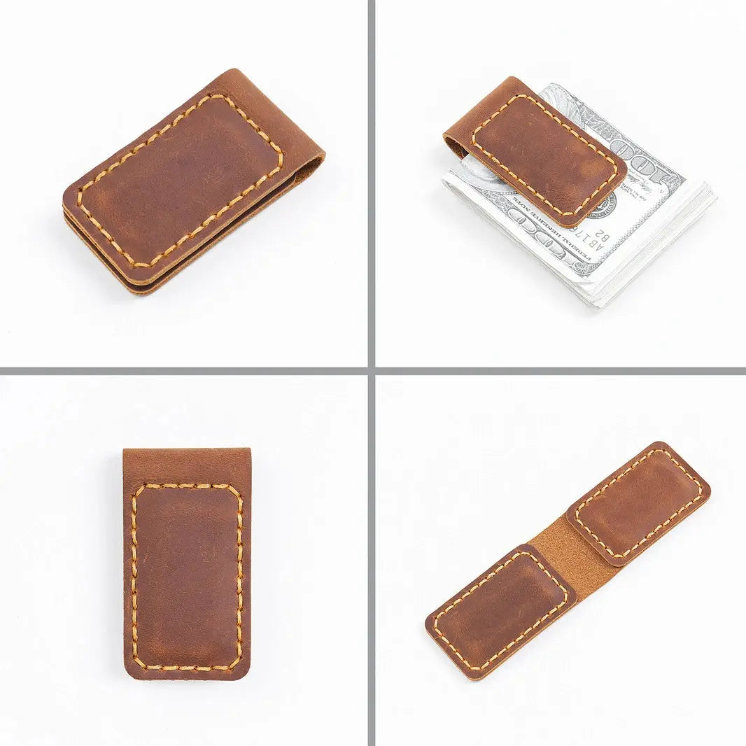 Genuine Leather Magnetic Money Clip Wallet – Slim Front Pocket Cash & Card Holder MoneyGrip